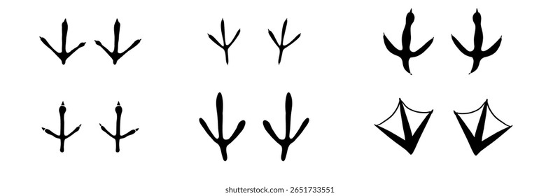 Bird foot mark print silhouette set. Bird trail goose duck foot. Raven owl parrot turkey feet, hen or chicken stump path.
