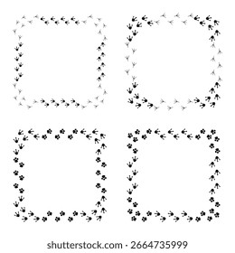 Bird footprint frames. Paw print borders. Minimal animal tracks. Vector decorative templates.