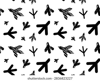 Bird footprint seamless pattern, chicken paw vector track, turkey foot print line pattern. Rooster trace silhouette isolated, pigeon chick footstep, sparrow repeat path, dino or dinosaur footprint