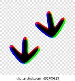 Bird footprint sign. Vector. Black icon with red-green-blue contours on transparent background.