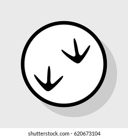 Bird footprint sign. Vector. Flat black icon in white circle with shadow at gray background.