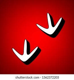 Bird footprint sign. Vector. Perspective view of white icon with black outline at reddish background.