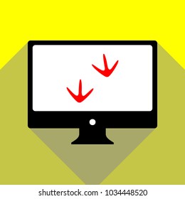 Bird footprint sign. Vector. Red icon on white monitor of black all-in-one desktop computer with two shadows at yellow background.