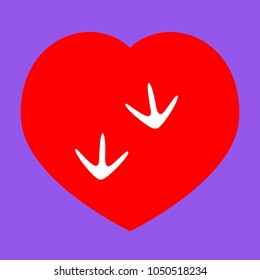 Bird footprint sign. Vector. White icon in red heart at lavender background.