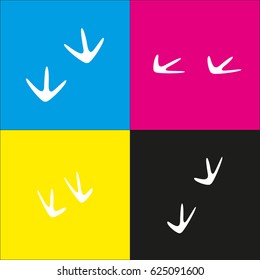 Bird footprint sign. Vector. White icon with isometric projections on cyan, magenta, yellow and black backgrounds.