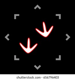 Bird footprint sign. Vector. White icon in gray focus like mandala on black background.