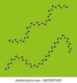 Bird footprints pattern. Animal track design. Black marks on green. Nature trail background.