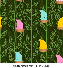 Bird in Forest pattern cartoon. Birdie on tree background. Baby cloth texture. vector ornament