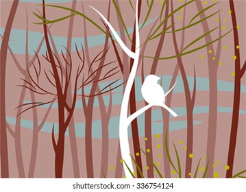 bird in forest, vector illustration