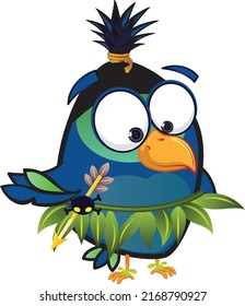 Bird in the form of an Indian. Funny bird. Indians. Pirates and Indians. Bird Island. Bird with big eyes. Green leaf loincloth.