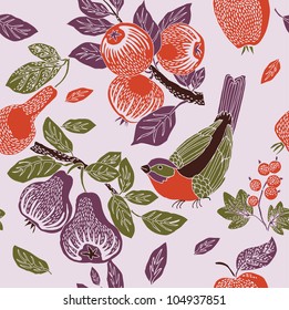 bird in a fruit garden. seamless pattern