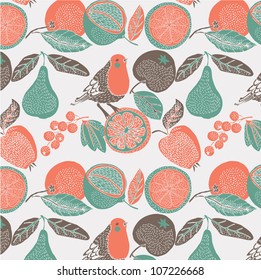 bird in a fruit garden. seamless pattern