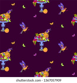 Bird and fruits vintage seamless pattern