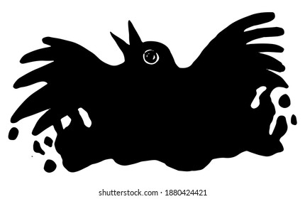 Bird in fuel oil doodle. Oil pollution problem. Hand drawn vector illustration. Ecology theme simple drawing isolated on white. Black contour element for design, print, poster, sticker, logo, banner. 