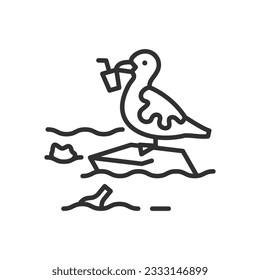 Bird in garbage, linear icon, pollution, landfill. Line with editable stroke