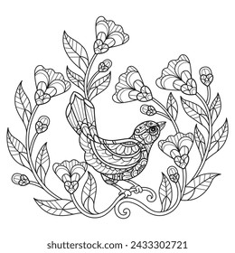 Bird in the garden hand drawn for adult coloring book