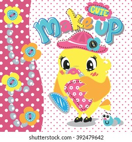 Bird girl holding mirror and lipstick and making up her lips with worm illustration vector.