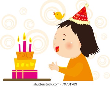 Bird and the girl's birthday cake