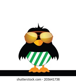 bird with glasses and green shorts on white