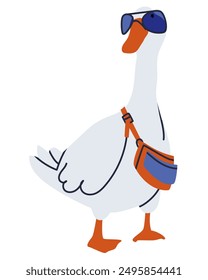 Bird with glasses. White duck with a handbag. A fashionable goose in glasses is standing with a bag. Flat vector illustration, eps10