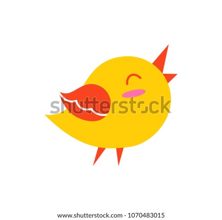Bird in good mood creature, singing songs, and having great time, bird of yellow and re colors, vector illustration, isolated on white background