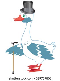 Bird goose in hat and with walking stick