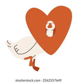 Bird goose white and red heart. Goose head in heart. Flat vector illustration, eps10