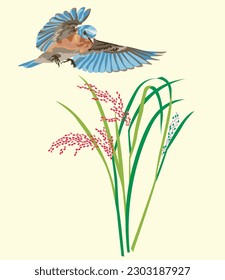 Un diseño de vectores de aves y césped inspirado por aves en el campo de la hierba. Se puede usar para fondo, patrón de tela, ilustración y papel tapiz.