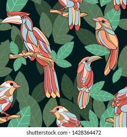 bird green leaf hand drawn seamless pattern
