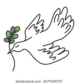 bird with green leave. vector doodle illustration