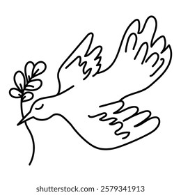 bird with green leave. vector doodle outline illustration