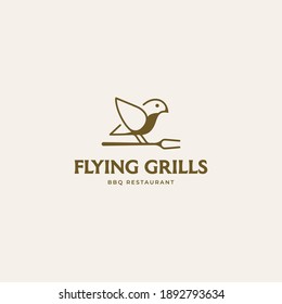 Bird with grill fork, Creative ideas restaurant logo icon sign symbol design concept. Vector illustration