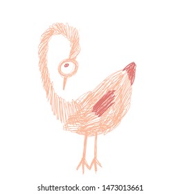 Bird hand drawn doodle style. Crazy funny bird back side in pink and orange colours in doodles hand drawn style. White isolate vector illustration. For children print screen 2 colours.