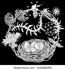 Bird hand drawn in vintage style with flowers. Linear engraved art. Bird concept. Romantic concept. Vector design