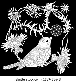 Bird hand drawn in vintage style with flowers. Linear engraved art. Bird concept. Romantic concept. Vector design