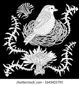 Bird hand drawn in vintage style with flowers. Linear engraved art. Bird concept. Romantic concept. Vector design
