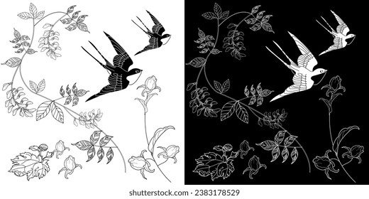 Bird hand drawn in vintage style with flowers.Linear engraved art. Bird concept. Romantic concept. Vector design

