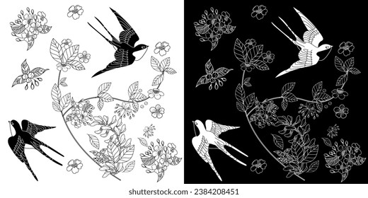 Bird hand drawn in vintage style with flowers.Linear engraved art. Bird concept. Romantic concept. Vector design

