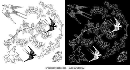Bird hand drawn in vintage style with flowers.Linear engraved art. Bird concept. Romantic concept. Vector design

