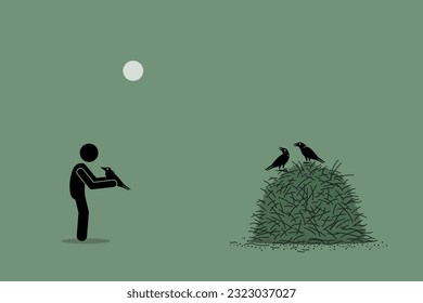 A bird in the hand is worth two in the bush. Vector illustration depicts concept of appreciative, valuable, gratitude, wisdom, thankful, and judgement. 