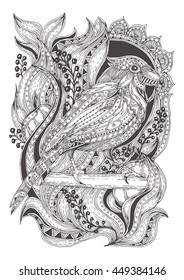 Bird. Hand-drawn bird cardinal with ethnic doodle pattern. Coloring page - zendala, for  relaxation and meditation for adults, vector illustration, isolated on a white background. Zendoodle.