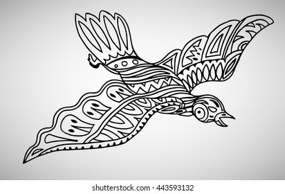Bird. Hand-drawn with ethnic pattern. Coloring page - isolated on a white background. Zendoodle patterns. Vector illustration.
