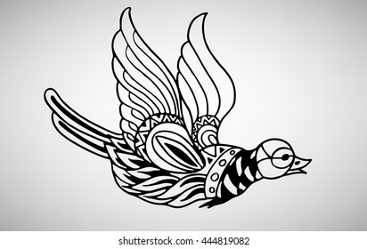 Bird. Hand-drawn with ethnic pattern. Coloring page - isolated on a white background. Zendoodle patterns. Vector illustration.