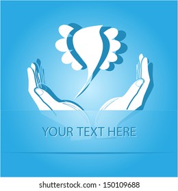 bird in hands. Paper sticker as bookmark. Vector illustration. Eps10.