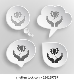 bird in hands. White flat vector buttons on gray background.