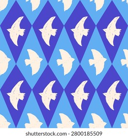 Bird harlequin seamless pattern with cream silhouettes on blue argyle rhombus. Chalk doves form a geometric seamless vector bird pattern for fabric and wallpaper. Classic print for aop and surface.