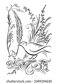 Bird has feather in its beak. Calligraphy swirling elements plants black white