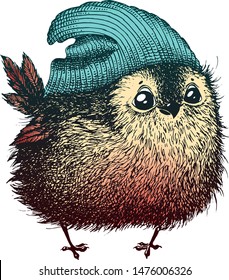 The bird in the hat .Ink drawing. Vector illustration.