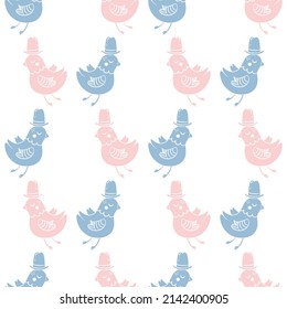Bird in a  hat. Seamless vector pattern. 