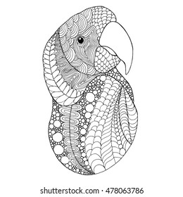 Bird head. Black white hand drawn doodle. Ethnic patterned vector illustration. African, indian, totem, tribal, design. Sketch for adult antistress coloring page, tattoo, poster, print, t-shirt